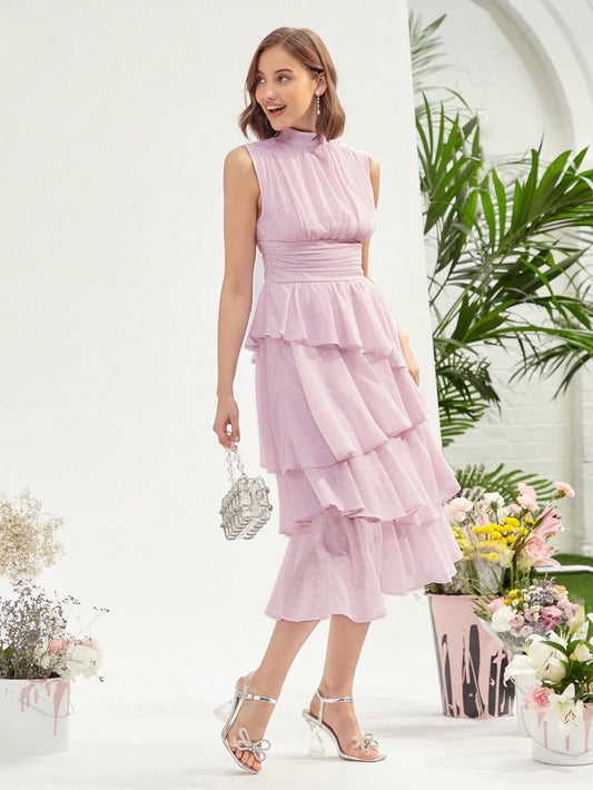 CM-DS362216 Women Elegant Seoul Style Mock Neck Ruched Bust Layered Hem Dress - Pink