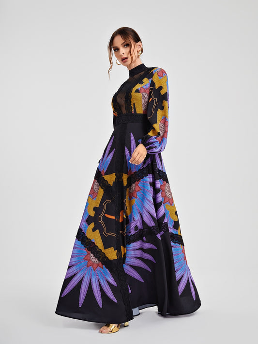 CM-DS525562 Women Elegant Seoul Style Floral Print Mock Neck Belted Dress