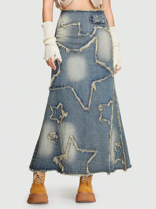 CM-BS844209 Women Casual Seoul Style Star Pattern Raw Trim Denim Skirt - Blue