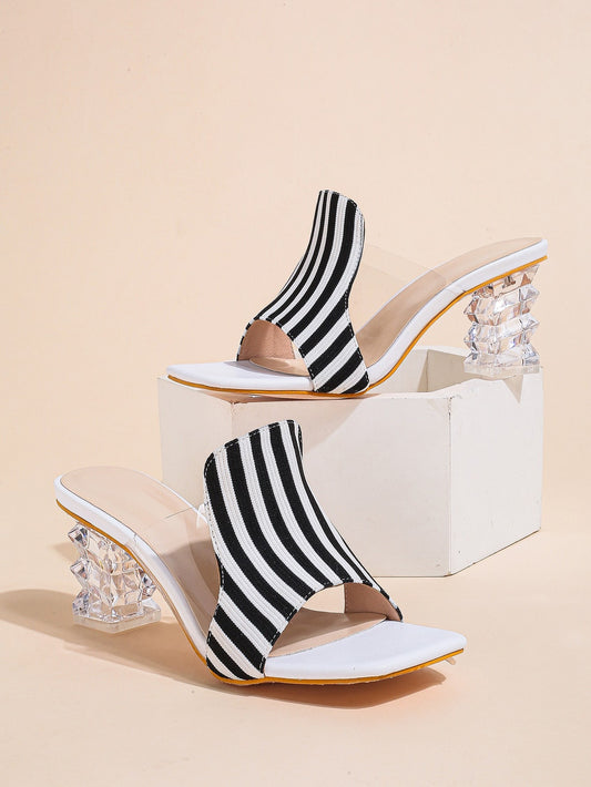 CM-SHS111611 Women Casual Seoul Style Striped Pattern Sculptural Heeled Mule Sandals