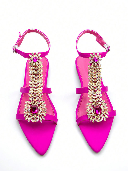 CM-SHS388718 Women Elegant Seoul Style Rhinestone Chain Buckle Slingback Flat Sandals - Hot Pink
