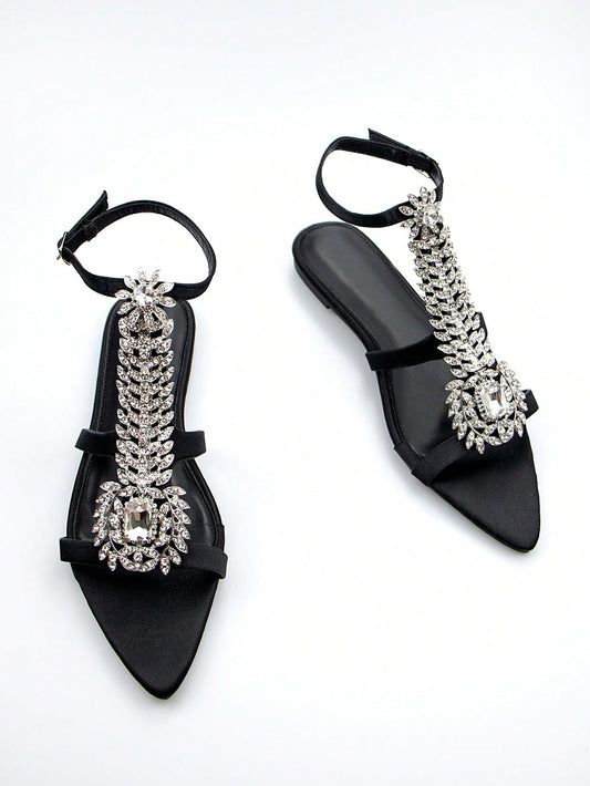 CM-SHS387057 Women Elegant Seoul Style Rhinestone Chain Buckle Slingback Flat Sandals - Black
