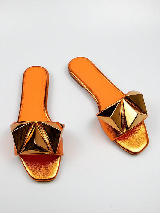 CM-SHS831911 Women Elegant Seoul Style Metallic Studded Decor Slide Sandals - Orange