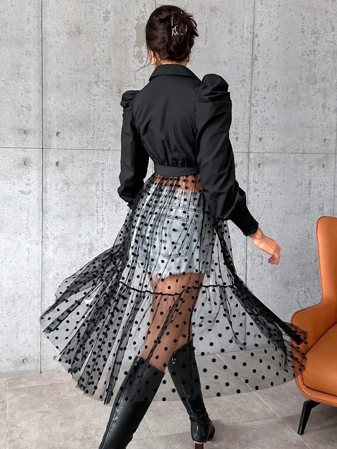 CM-TS819715 Women Casual Seoul Style Dobby Mesh Overlay Belted Blouse - Black
