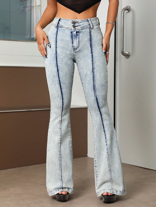CM-BS311464 Women Casual Seoul Style Seam Front Flare Leg Jeans - Blue