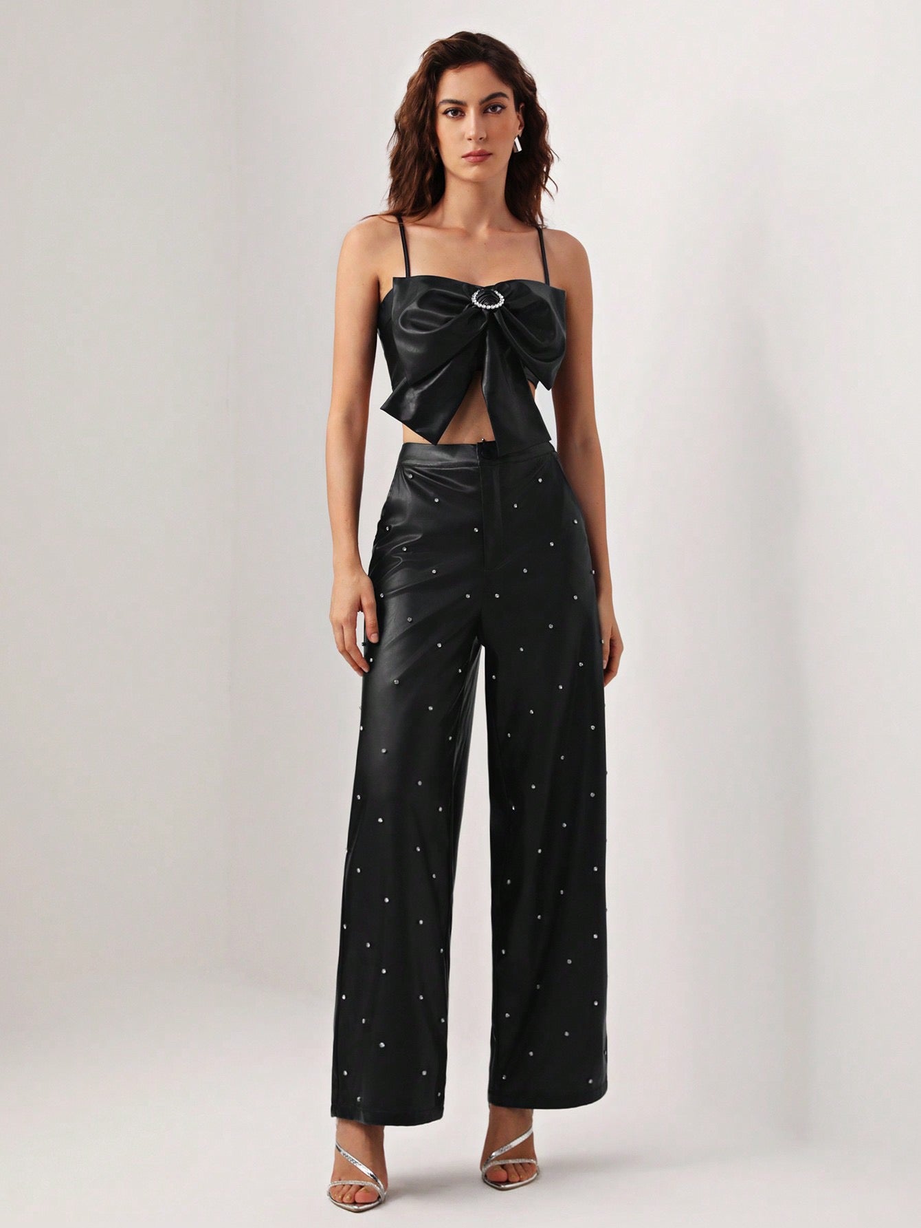 CM-BS985508 Women Elegant Seoul Style Rhinestone Detail Wide Leg Pants - Black