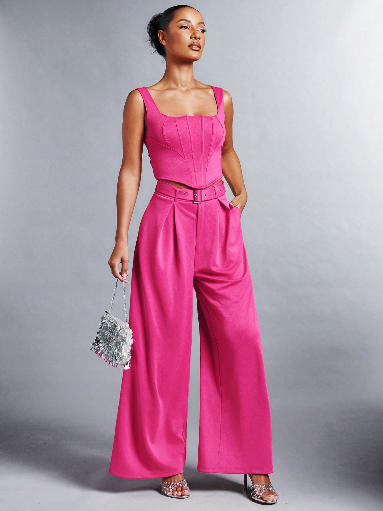 CM-BS377138 Women Elegant Seoul Style Fold Pleated Detail Wide Leg Pants - Hot Pink