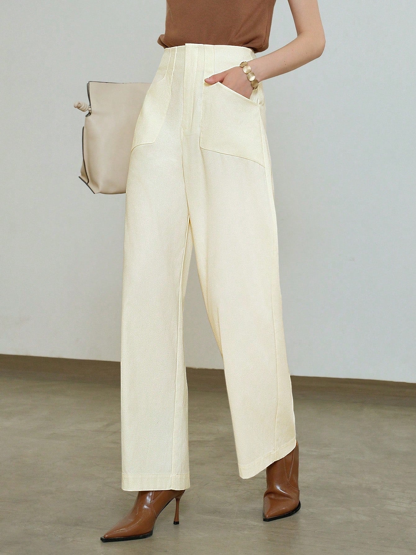 CM-BS819303 Women Casual Seoul Style Slant Pocket Straight Leg Pants - White