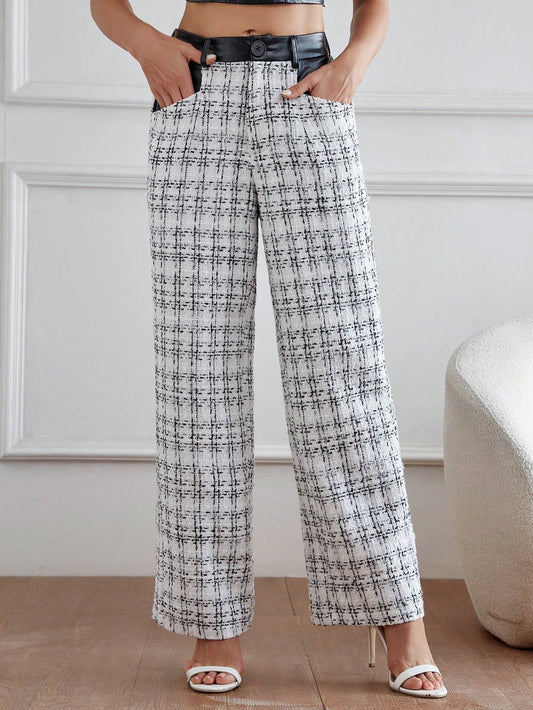 CM-BS366772 Women Elegant Seoul Style Plaid Print Slant Pocket Wide Leg Pants