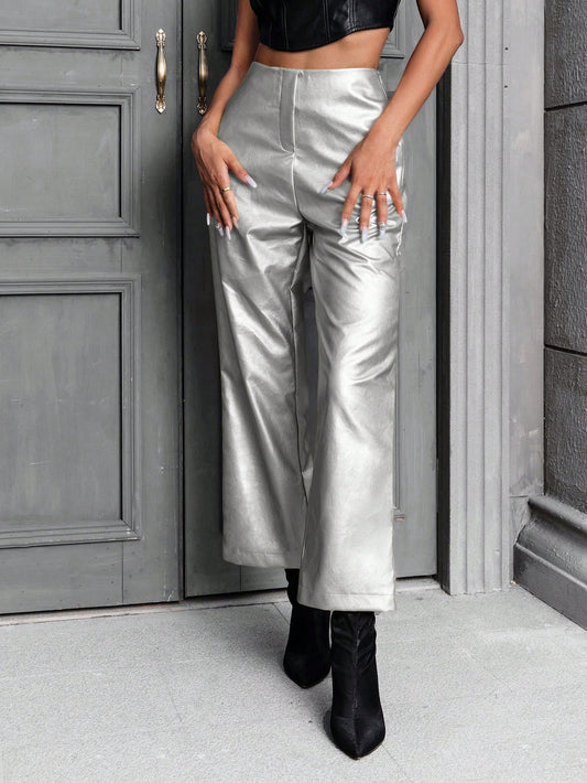 CM-BS275326 Women Elegant Seoul Style Metallic Straight Leg Pants - Silver