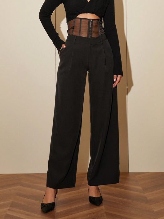 CM-BS894434 Women Elegant Seoul Style Zipper Fly Straight Leg Pants - Black