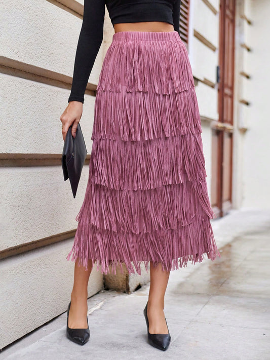 CM-BS188038 Women Elegant Seoul Style Solid Layered Fringe Trim Skirt - Dusty Pink