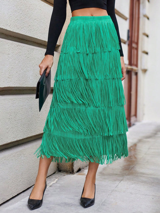 CM-BS960429 Women Elegant Seoul Style Solid Layered Fringe Trim Skirt - Green
