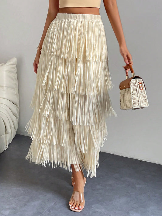 CM-BS377751 Women Elegant Seoul Style Solid Layered Fringe Trim Skirt - Beige