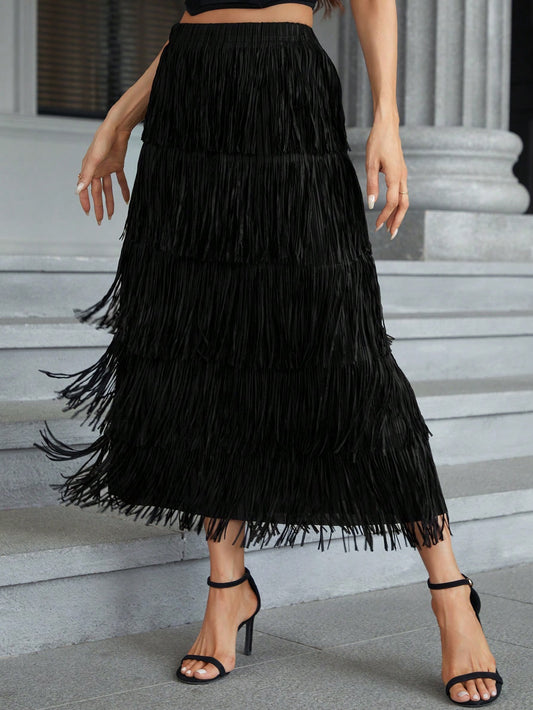 CM-BS329230 Women Elegant Seoul Style Solid Layered Fringe Trim Skirt - Black
