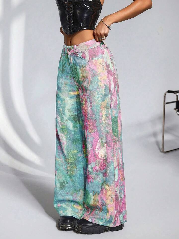 CM-BS857418 Women Casual Seoul Style Mid Waist Tie-Dye Print Extra Long Wide-Leg Jeans - Pink