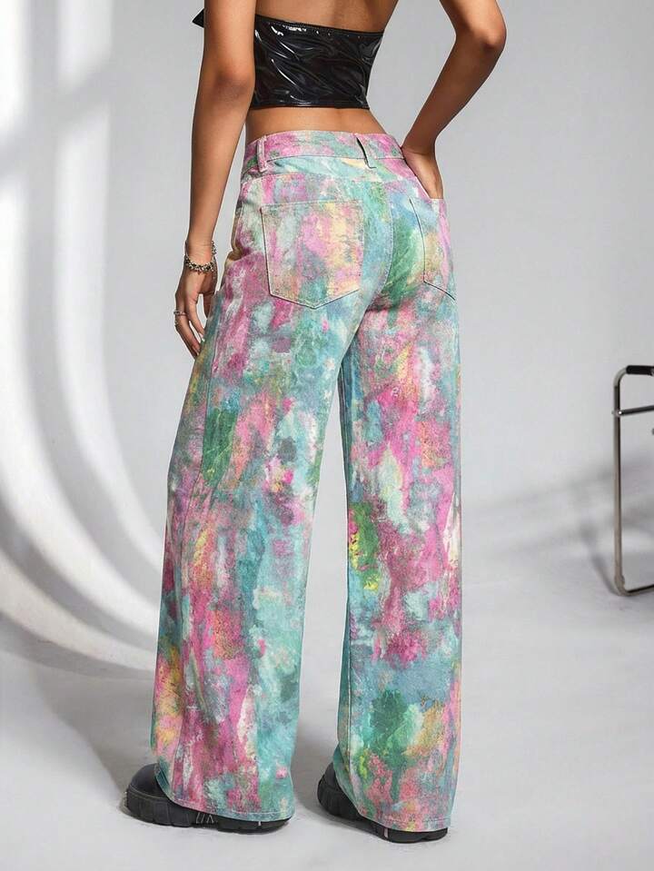 CM-BS857418 Women Casual Seoul Style Mid Waist Tie-Dye Print Extra Long Wide-Leg Jeans - Pink