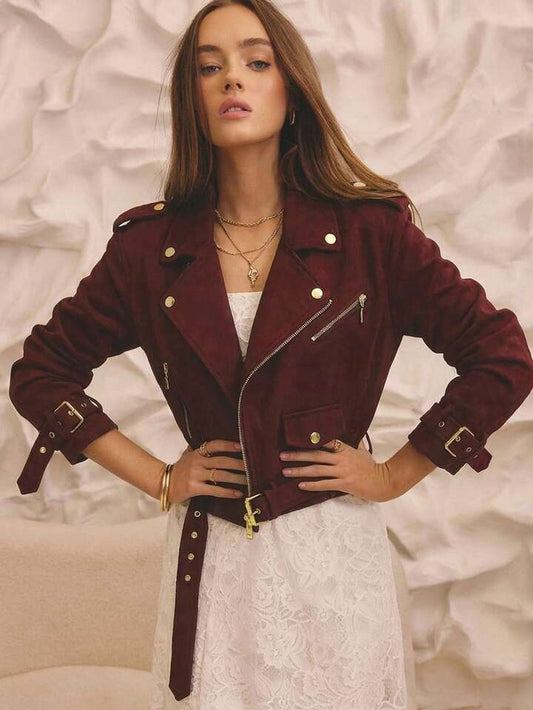 CM-CS944359 Women Elegant Seoul Style Cropped Denim Biker Jacket With Gold Trim Details - Burgundy