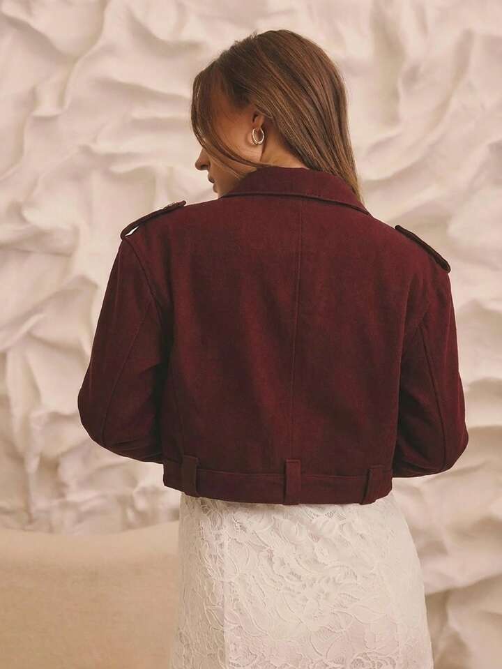 CM-CS944359 Women Elegant Seoul Style Cropped Denim Biker Jacket With Gold Trim Details - Burgundy