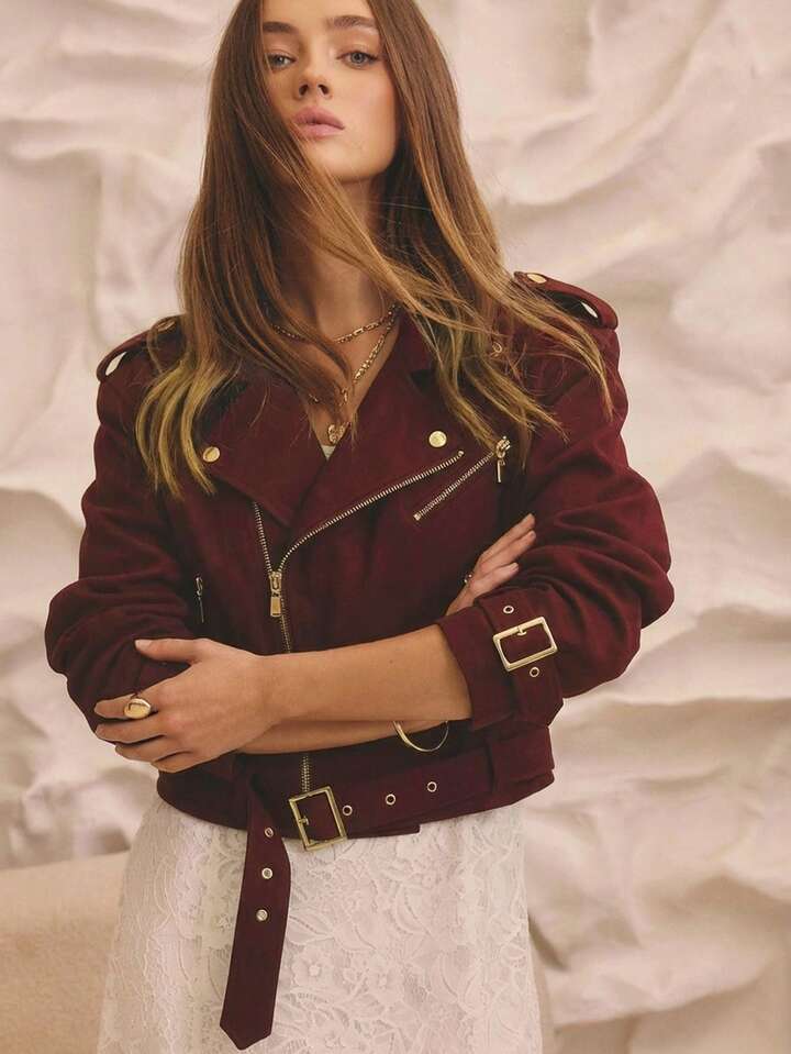 CM-CS944359 Women Elegant Seoul Style Cropped Denim Biker Jacket With Gold Trim Details - Burgundy