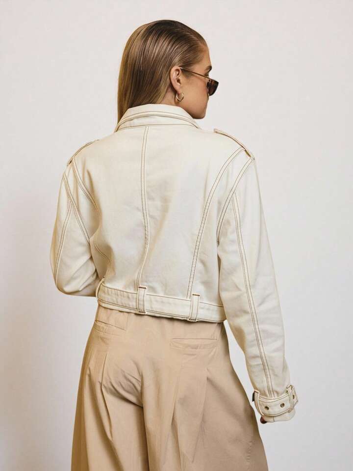 CM-CS964743 Women Elegant Seoul Style Cropped Denim Biker Jacket With Gold Trim Details - White