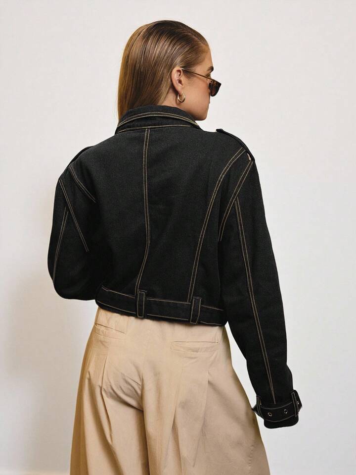 CM-CS983640 Women Elegant Seoul Style Cropped Denim Biker Jacket With Gold Trim Details - Black