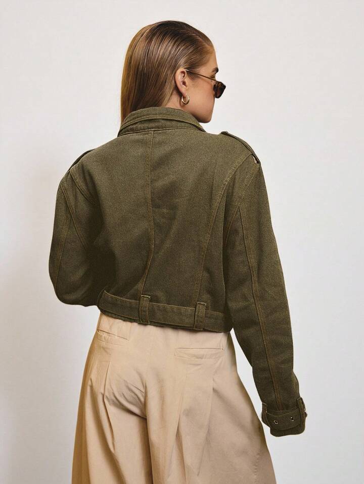 CM-CS927391 Women Elegant Seoul Style Cropped Denim Biker Jacket With Gold Trim Details - Army Green