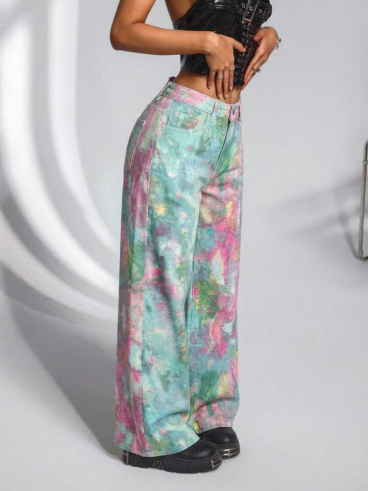 CM-BS857418 Women Casual Seoul Style Mid Waist Tie-Dye Print Extra Long Wide-Leg Jeans - Pink