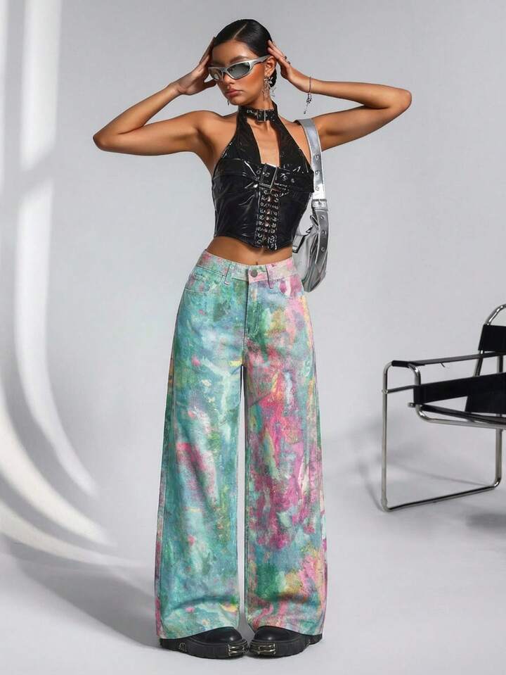 CM-BS857418 Women Casual Seoul Style Mid Waist Tie-Dye Print Extra Long Wide-Leg Jeans - Pink