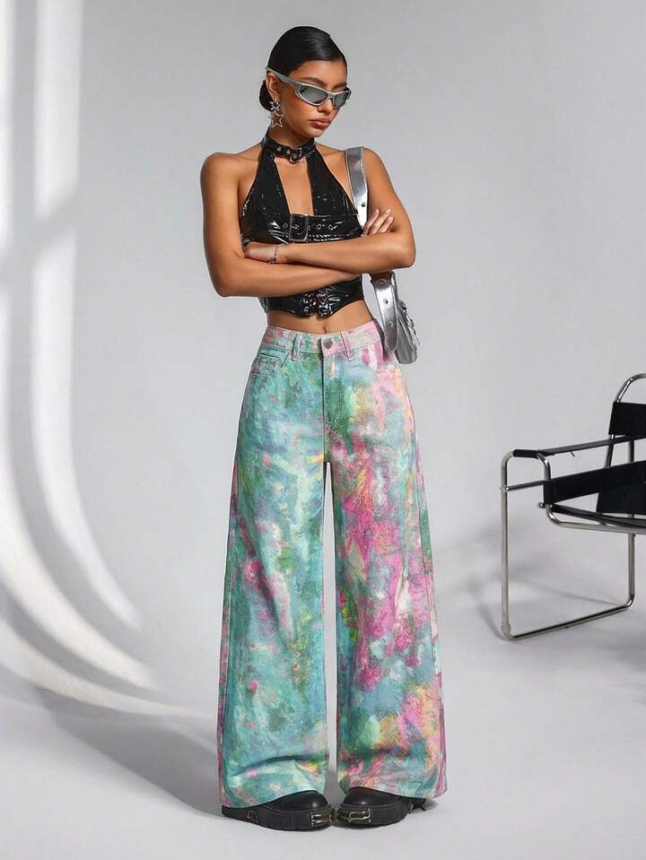 CM-BS857418 Women Casual Seoul Style Mid Waist Tie-Dye Print Extra Long Wide-Leg Jeans - Pink