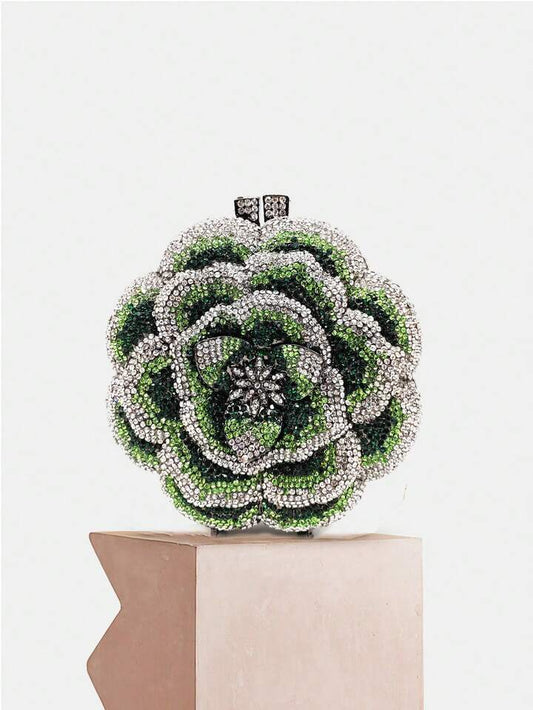 CM-BGS003326 Women Elegant Seoul Style Floral Design Rhinestone Crystal Handmade Clutch Bag - Dark Green