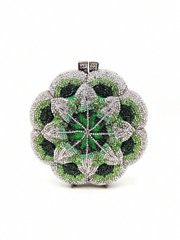 CM-BGS003326 Women Elegant Seoul Style Floral Design Rhinestone Crystal Handmade Clutch Bag - Dark Green