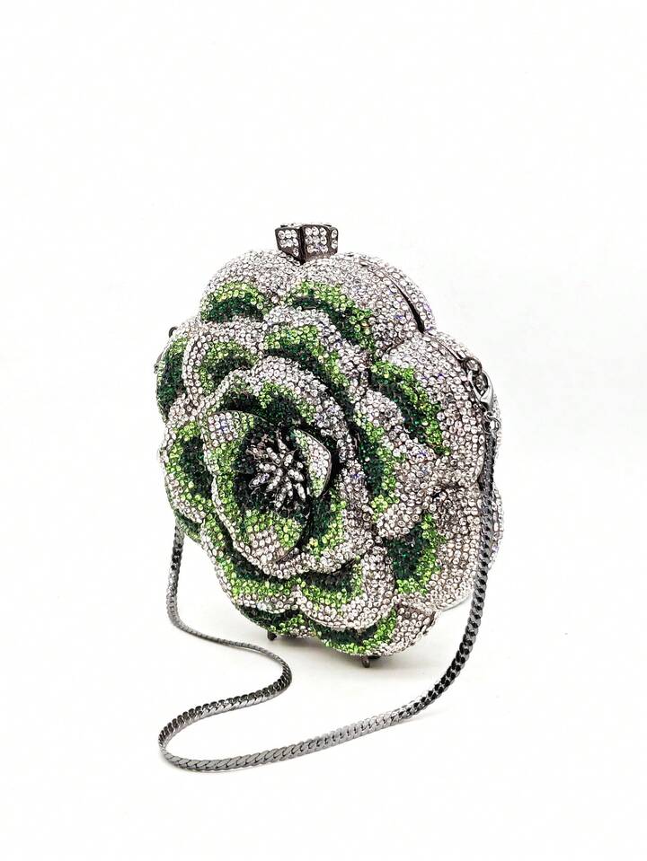 CM-BGS003326 Women Elegant Seoul Style Floral Design Rhinestone Crystal Handmade Clutch Bag - Dark Green