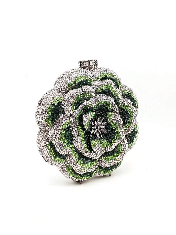 CM-BGS003326 Women Elegant Seoul Style Floral Design Rhinestone Crystal Handmade Clutch Bag - Dark Green