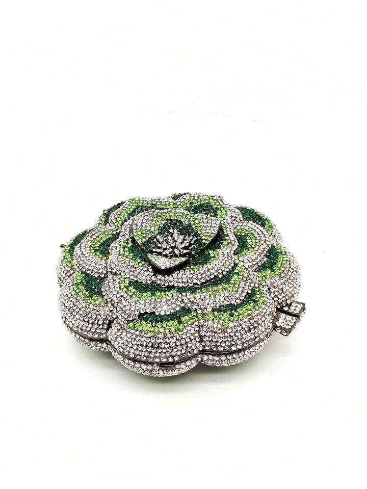 CM-BGS003326 Women Elegant Seoul Style Floral Design Rhinestone Crystal Handmade Clutch Bag - Dark Green