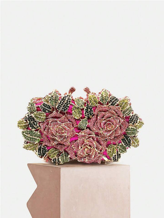 CM-BGS606156 Women Trendy Seoul Style Sparkling Multicolor Diamond Floral Evening Clutch Bag