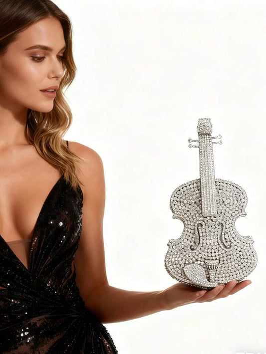 CM-BGS618311 Women Trendy Seoul Style Violin Shaped Crystal Rhinestone Embellished Evening Handbag