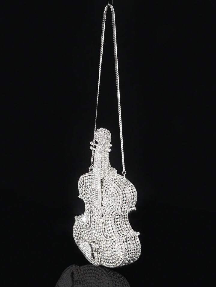 CM-BGS618311 Women Trendy Seoul Style Violin Shaped Crystal Rhinestone Embellished Evening Handbag
