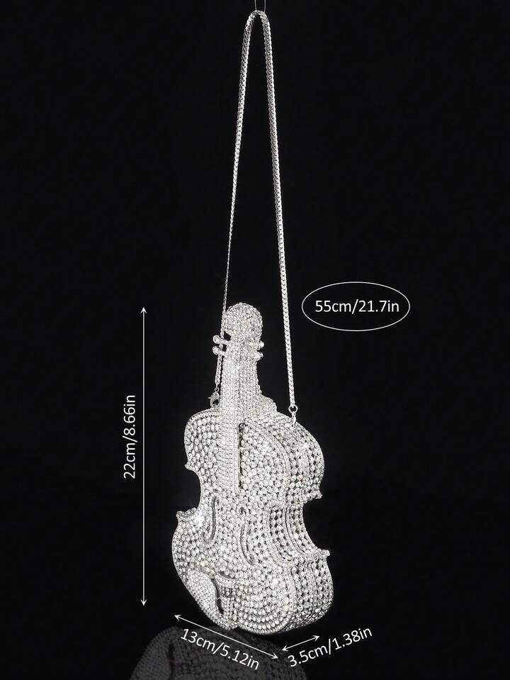 CM-BGS618311 Women Trendy Seoul Style Violin Shaped Crystal Rhinestone Embellished Evening Handbag
