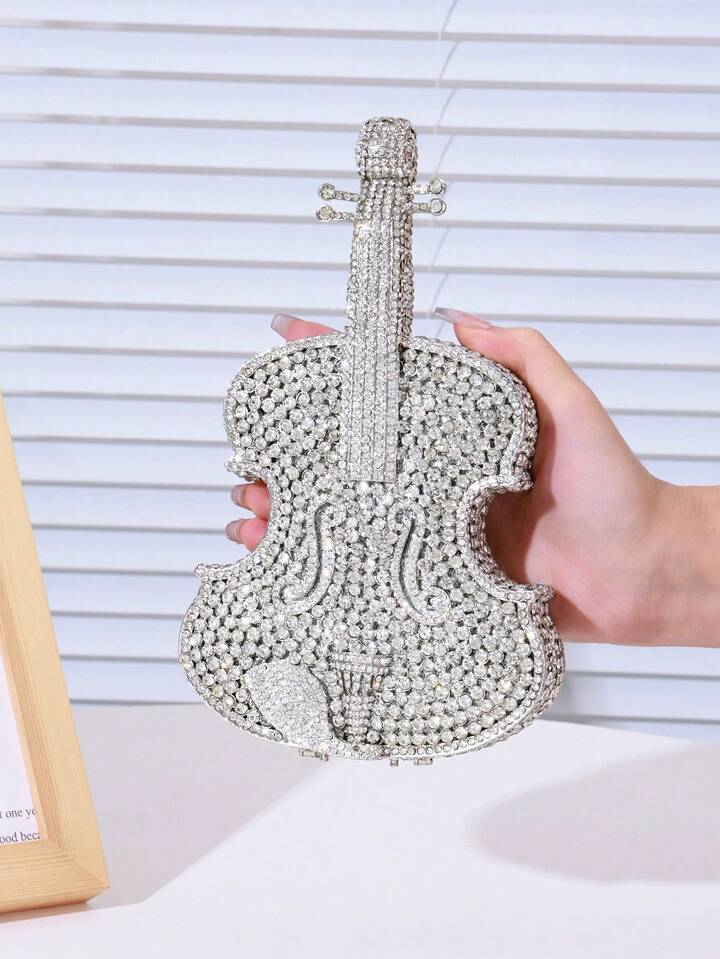 CM-BGS618311 Women Trendy Seoul Style Violin Shaped Crystal Rhinestone Embellished Evening Handbag