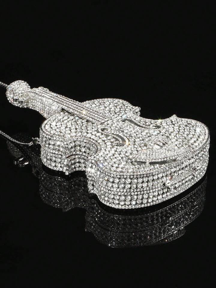 CM-BGS618311 Women Trendy Seoul Style Violin Shaped Crystal Rhinestone Embellished Evening Handbag