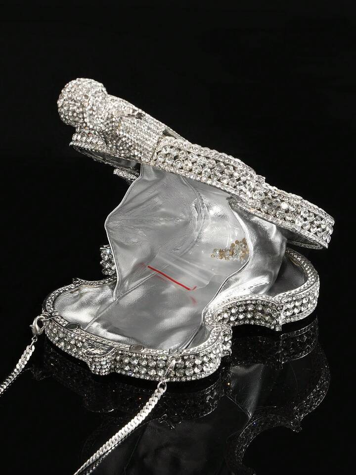 CM-BGS618311 Women Trendy Seoul Style Violin Shaped Crystal Rhinestone Embellished Evening Handbag