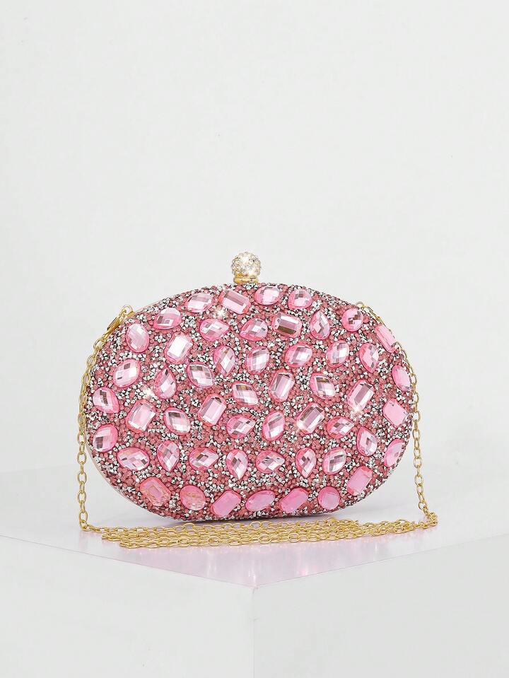CM-BGS824641 Women Trendy Seoul Style Sunflower Rhinestone Decor Shiny Box-Shaped Clutch Bag - Pink