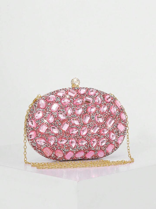 CM-BGS824641 Women Trendy Seoul Style Sunflower Rhinestone Decor Shiny Box-Shaped Clutch Bag - Pink