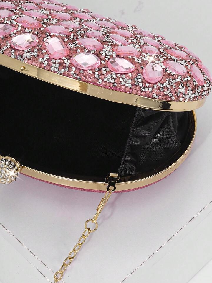 CM-BGS824641 Women Trendy Seoul Style Sunflower Rhinestone Decor Shiny Box-Shaped Clutch Bag - Pink