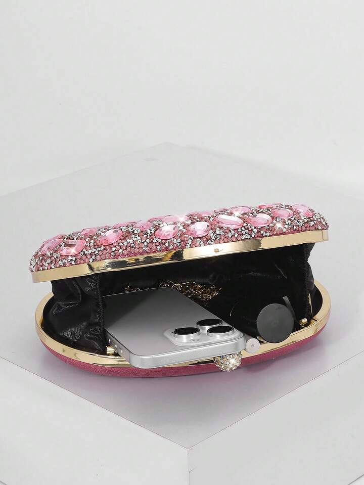 CM-BGS824641 Women Trendy Seoul Style Sunflower Rhinestone Decor Shiny Box-Shaped Clutch Bag - Pink