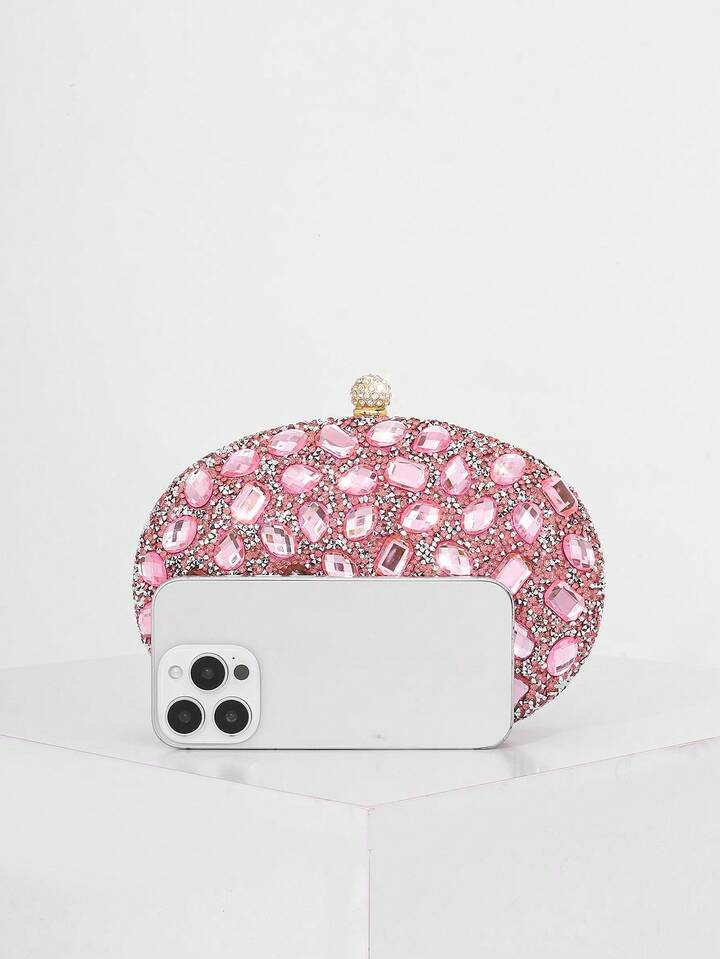 CM-BGS824641 Women Trendy Seoul Style Sunflower Rhinestone Decor Shiny Box-Shaped Clutch Bag - Pink
