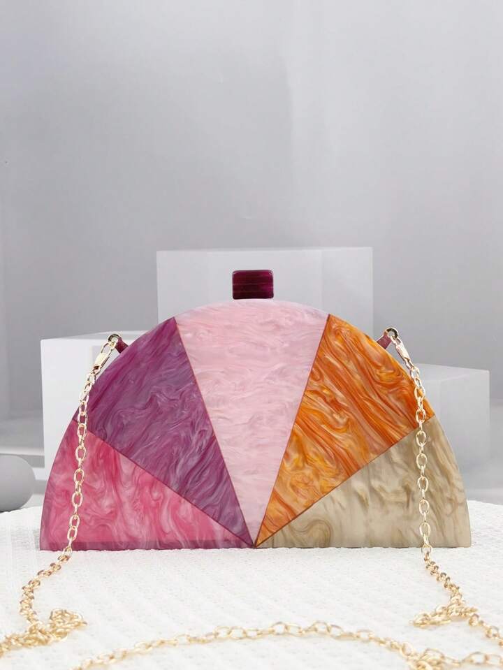 CM-BGS266521 Women Trendy Seoul Style Semi-Circle Patchwork Purse With Metal Chain Strap Evening Clutch