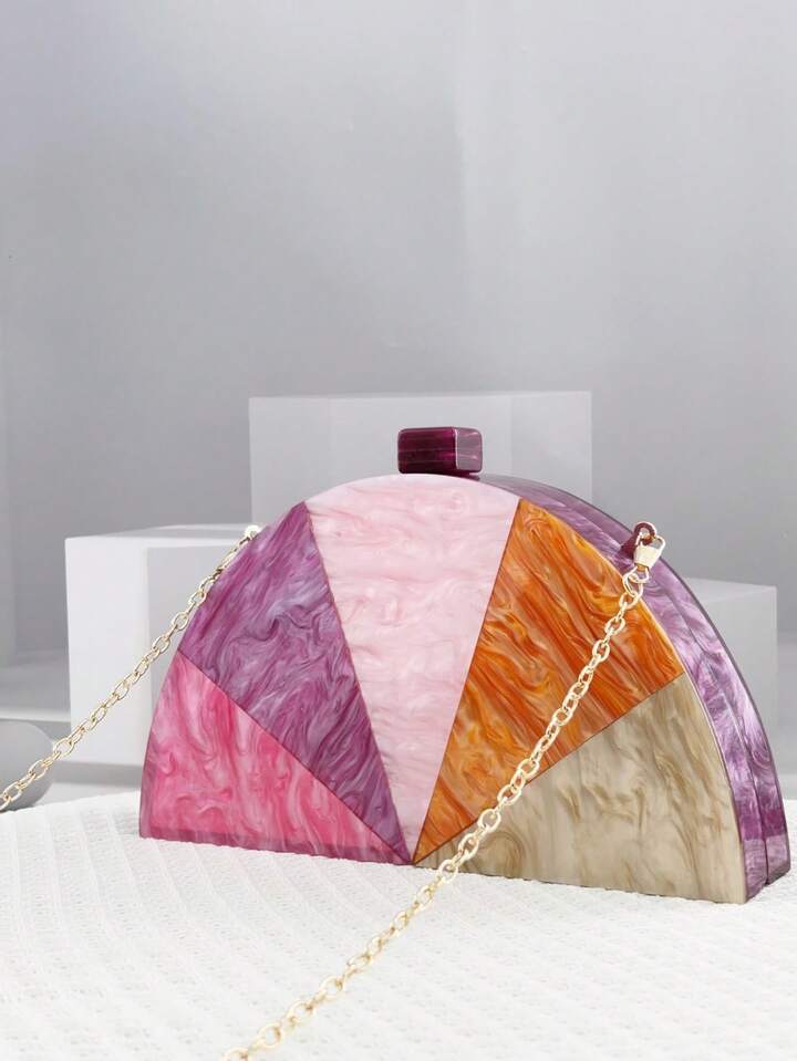 CM-BGS266521 Women Trendy Seoul Style Semi-Circle Patchwork Purse With Metal Chain Strap Evening Clutch
