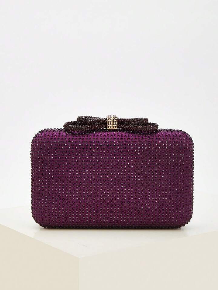 CM-BGS900180 Women Trendy Seoul Style Exquisite Rhinestone Bow Decor Evening Box Bag - Purple